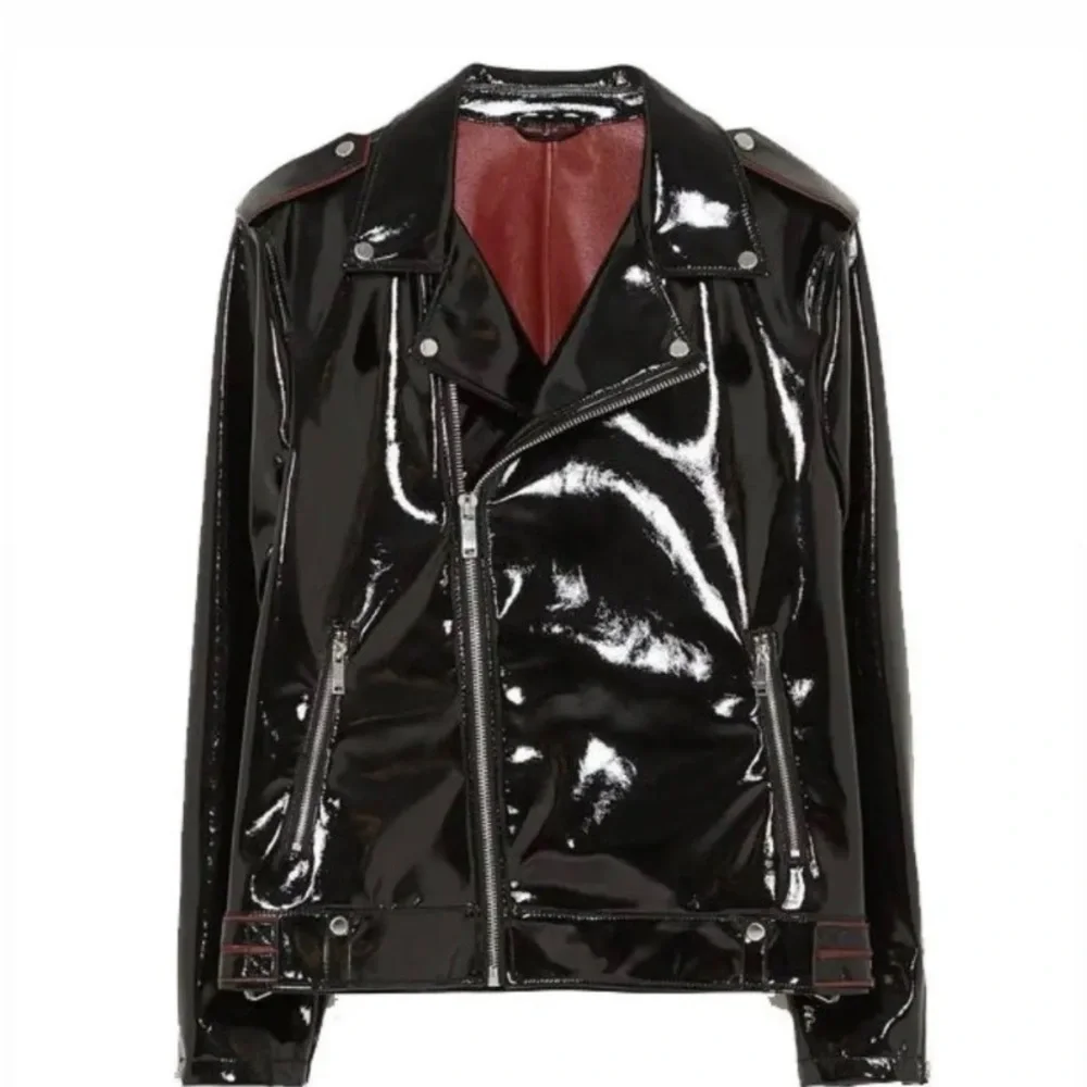 Mens Zara Black Patent Leather Jacket with Red Accents - Size small